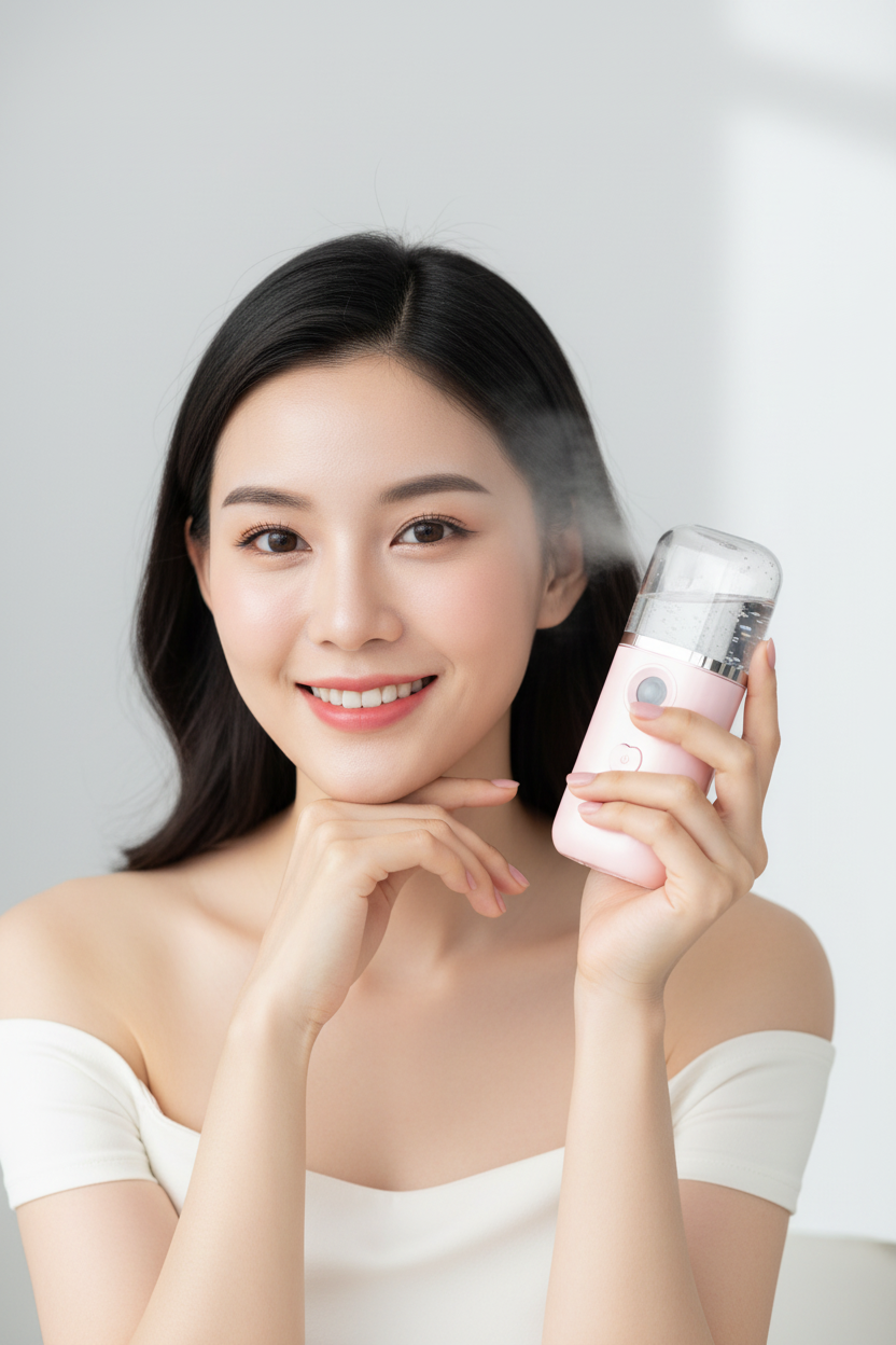 Influencer using nano facial mister