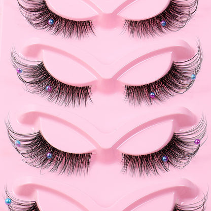 5 Pairs False Lashes Eyelashes Extension Cluster, Clear Band Corner Foxy Winged Cat Eye 3D Strip Lashes,  Dramatic Cosmetic Makeup
