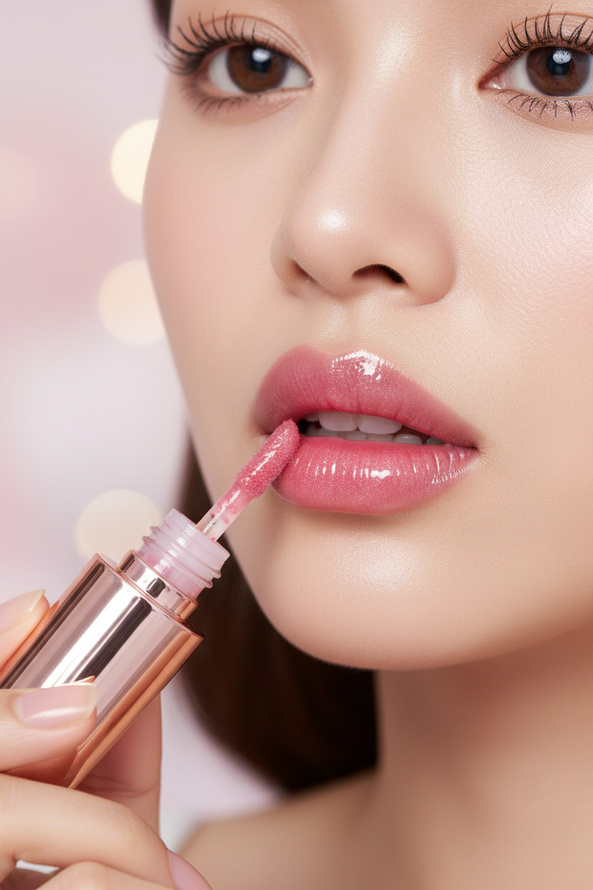 Girl applying pink lip oil