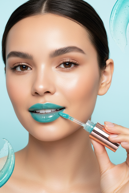 Girl applying teal lip oil