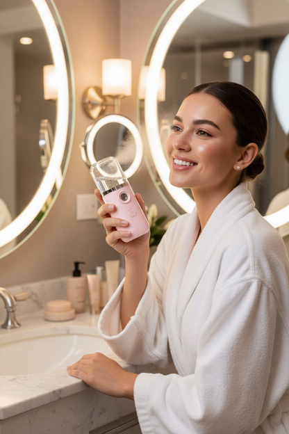 Influencer misting face with nano sprayer