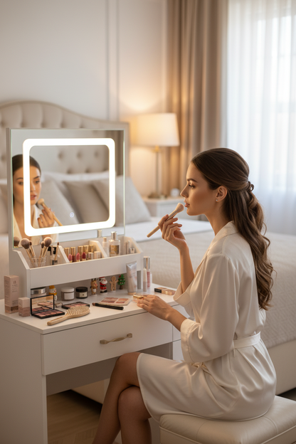 LED Vanity Desk - Woman Doing Makeup