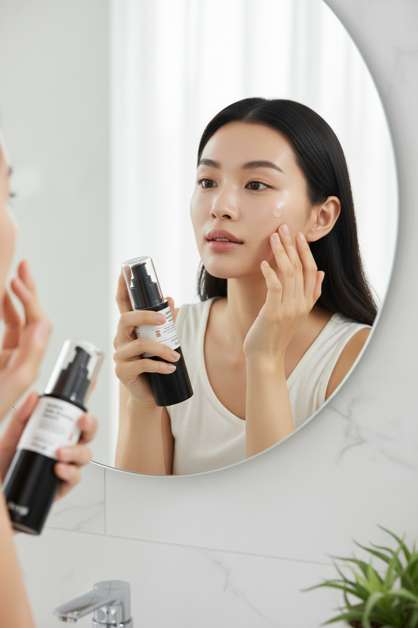 Woman applying retinol serum – bathroom mirror