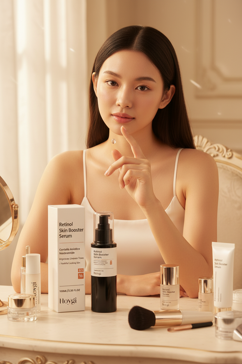 Woman at vanity with retinol serum – golden hour