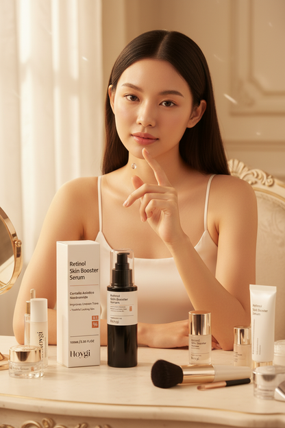 Woman at vanity with retinol serum – golden hour