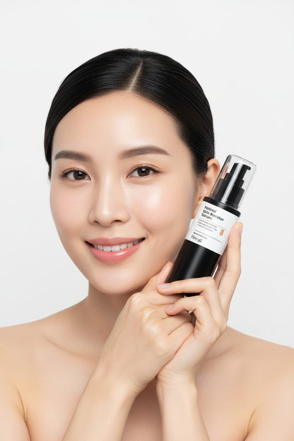 Woman holding retinol serum – studio campaign