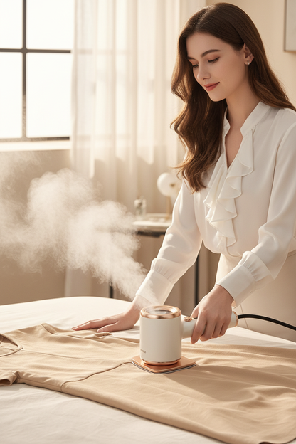 Woman using white handheld garment steamer